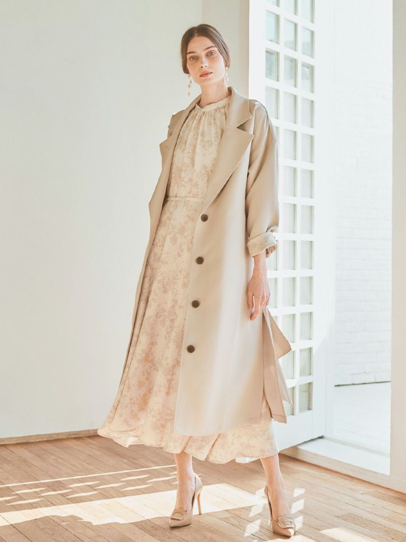 美品 eflaリーフ柄プリントワンピース フレア ベージュ ロング F おかりえ 美品 eflaリーフ柄プリントワンピース フレア ベージュ ロング F